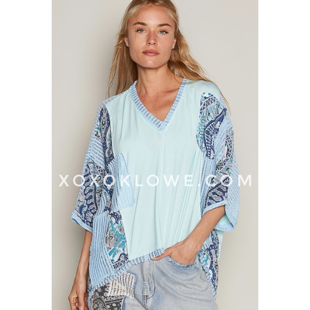 POL Blue Boho Print + Sheer Knit V Neck Rayon Jersey Top - Picture 3 of 9
